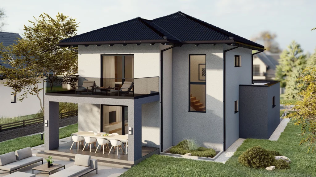 Modernes Fertighaus von BAUTENT mit Terrasse und Garten