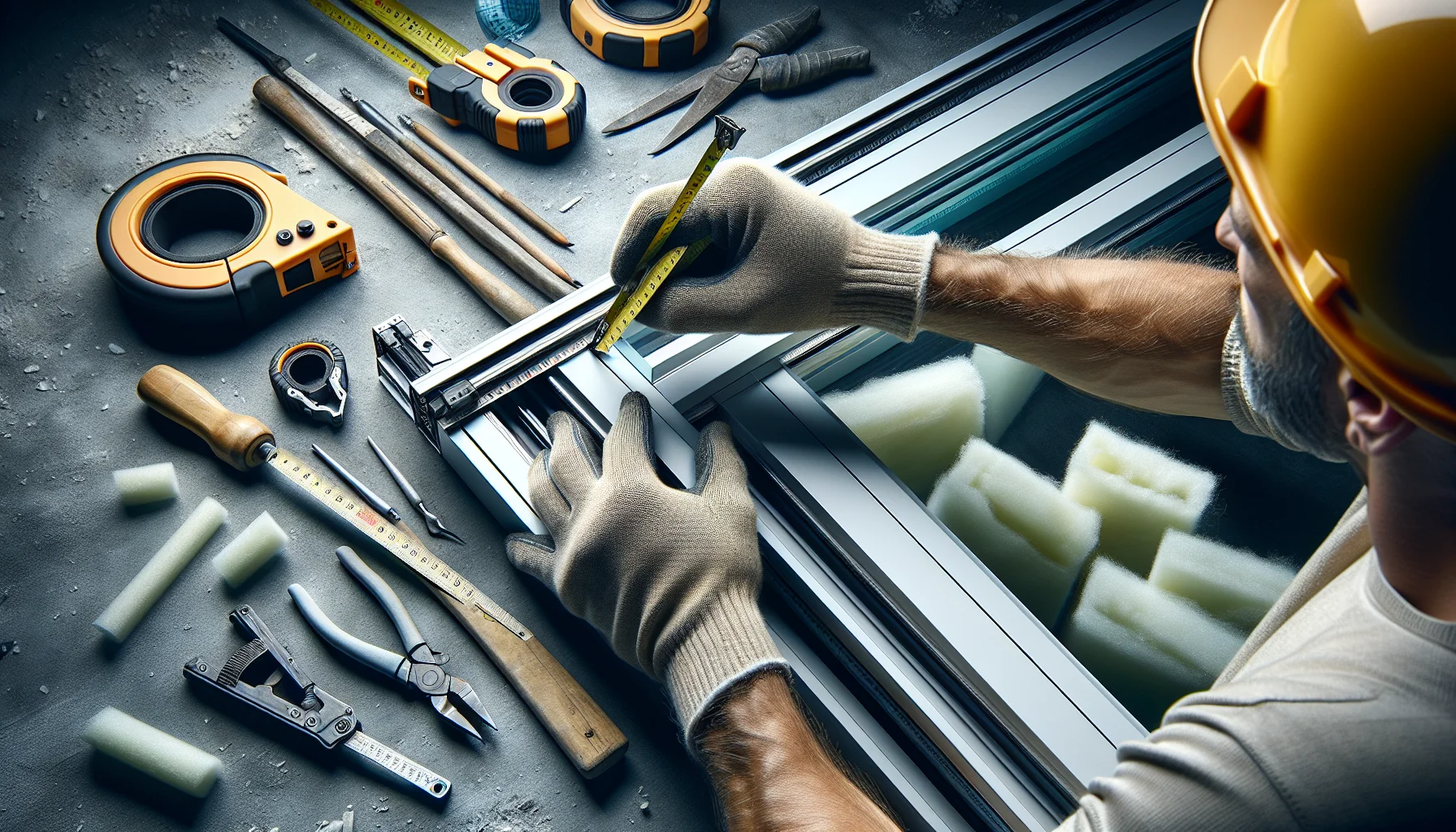Detailaufnahme der präzisen Montage eines modernen dreifach verglasten Fensters mit Dämmmaterialien
