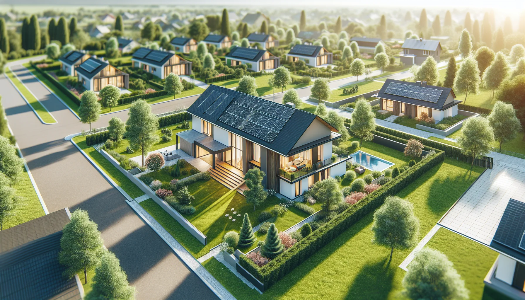 Fertiges Fertighaus mit Garten von oben