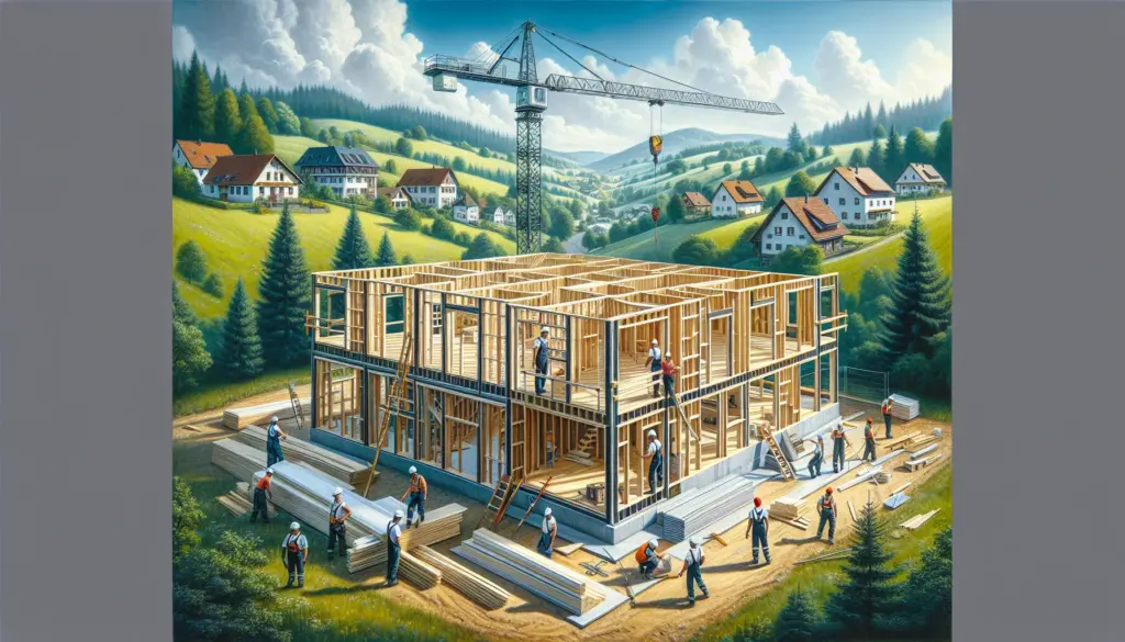 Günstiges Fertighaus im Bau mit Holzrahmenkonstruktion in ländlicher deutscher Umgebung