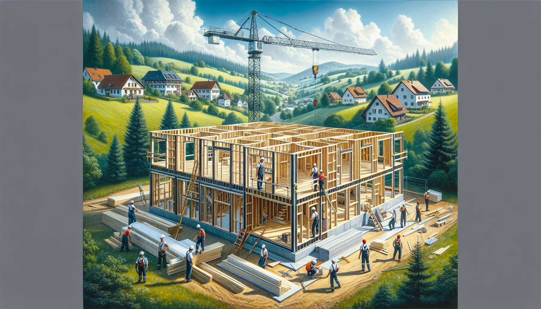 Günstiges Fertighaus im Bau mit Holzrahmenkonstruktion in ländlicher deutscher Umgebung