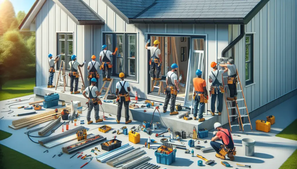 Handwerker beim professionellen Einbau neuer Fenster an einem modernen Wohnhaus