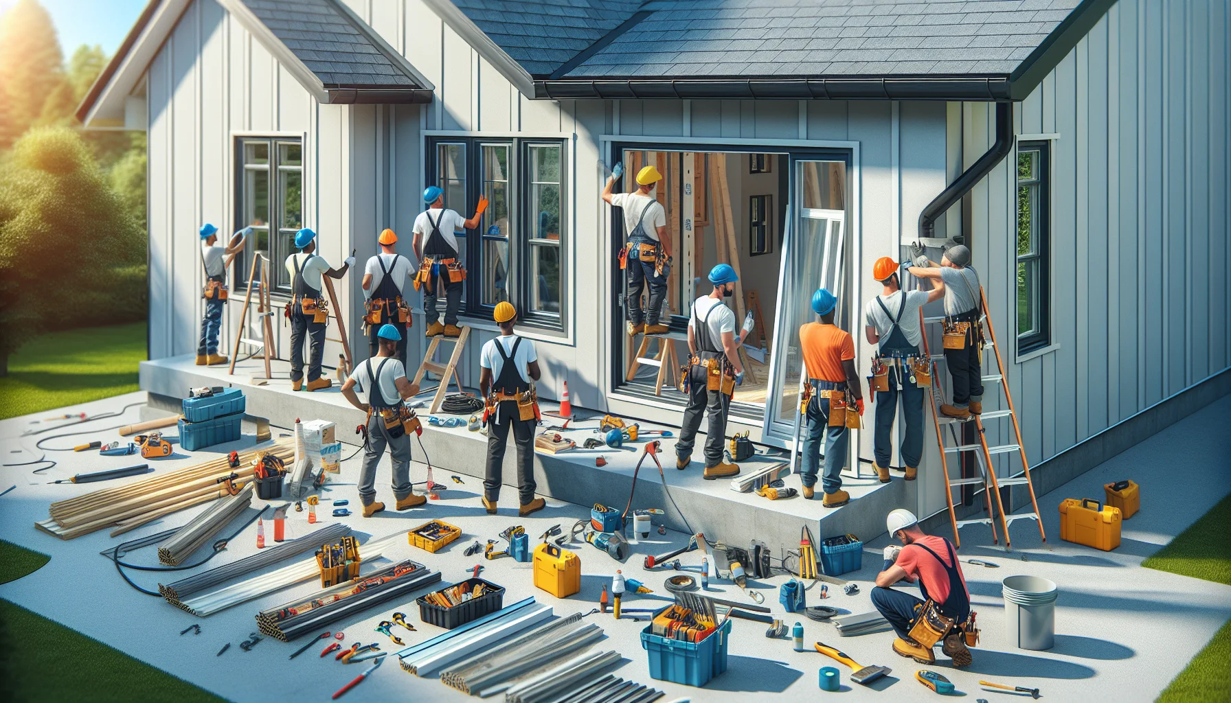 Handwerker beim professionellen Einbau neuer Fenster an einem modernen Wohnhaus