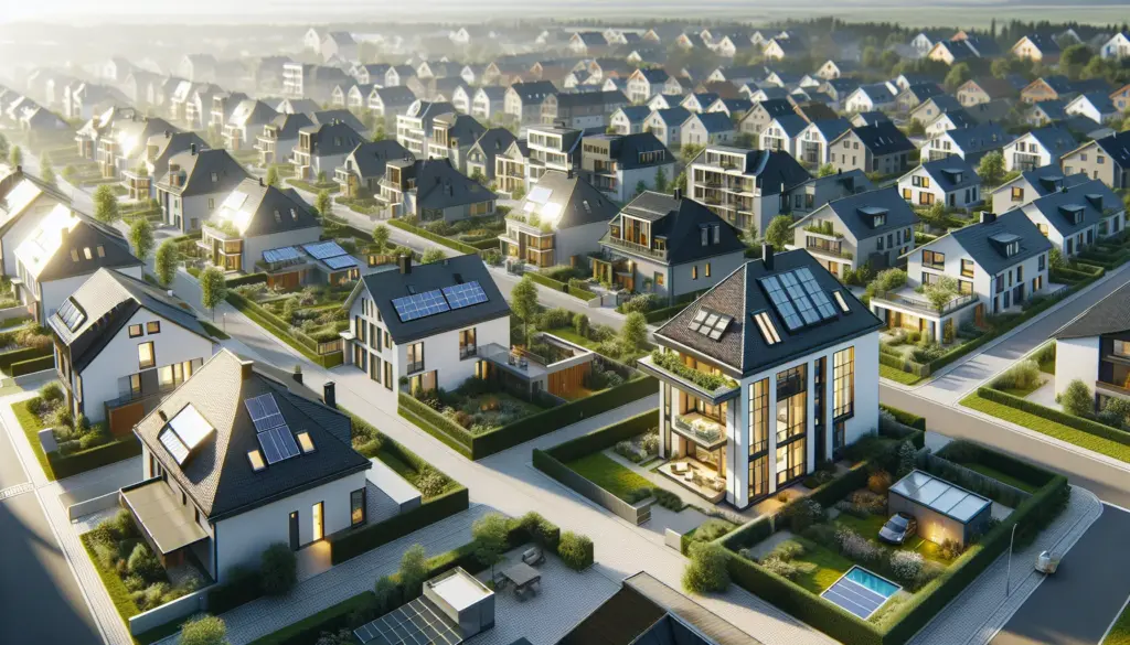 KfW Förderung 2026 für Hausbau und Sanierung - Moderne Wohnsiedlung mit energieeffizienten Häusern