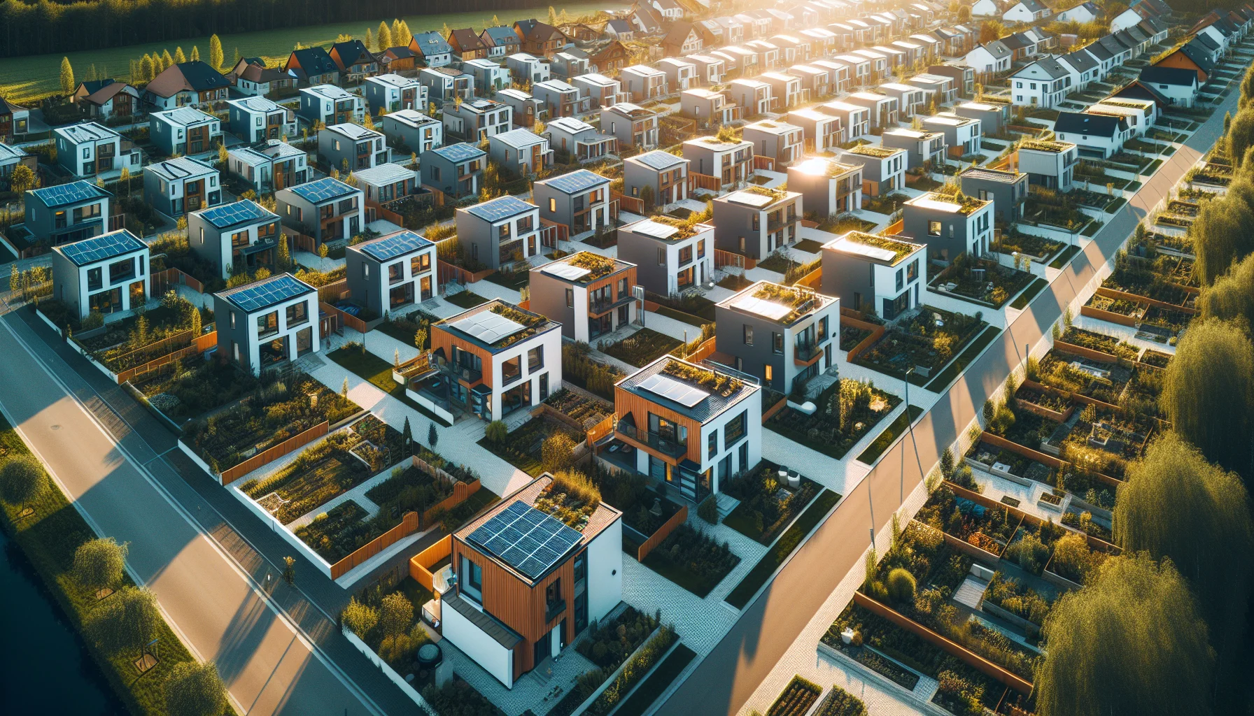 Luftaufnahme einer Fertighaus-Siedlung in Baden-Württemberg mit modernen Einfamilienhäusern