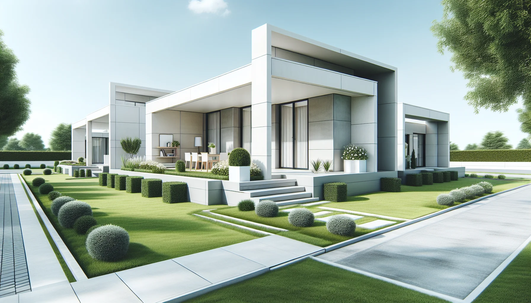 Modernes Fertighaus mit zeitgemäßer Architektur und gepflegtem Vorgarten