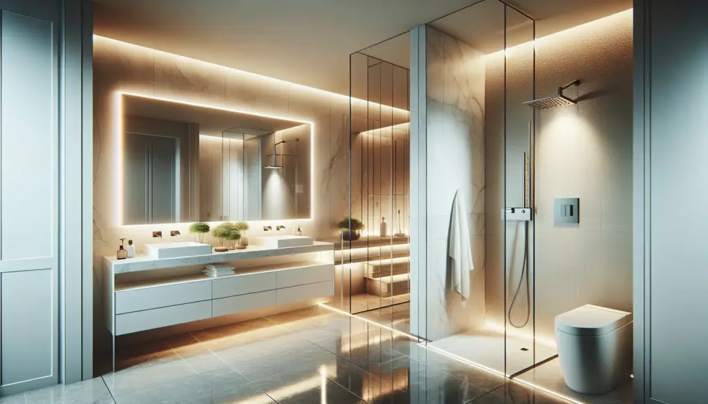 Modernes luxuriöses Badezimmer mit eleganten weißen Sanitäranlagen und Marmorwaschtisch