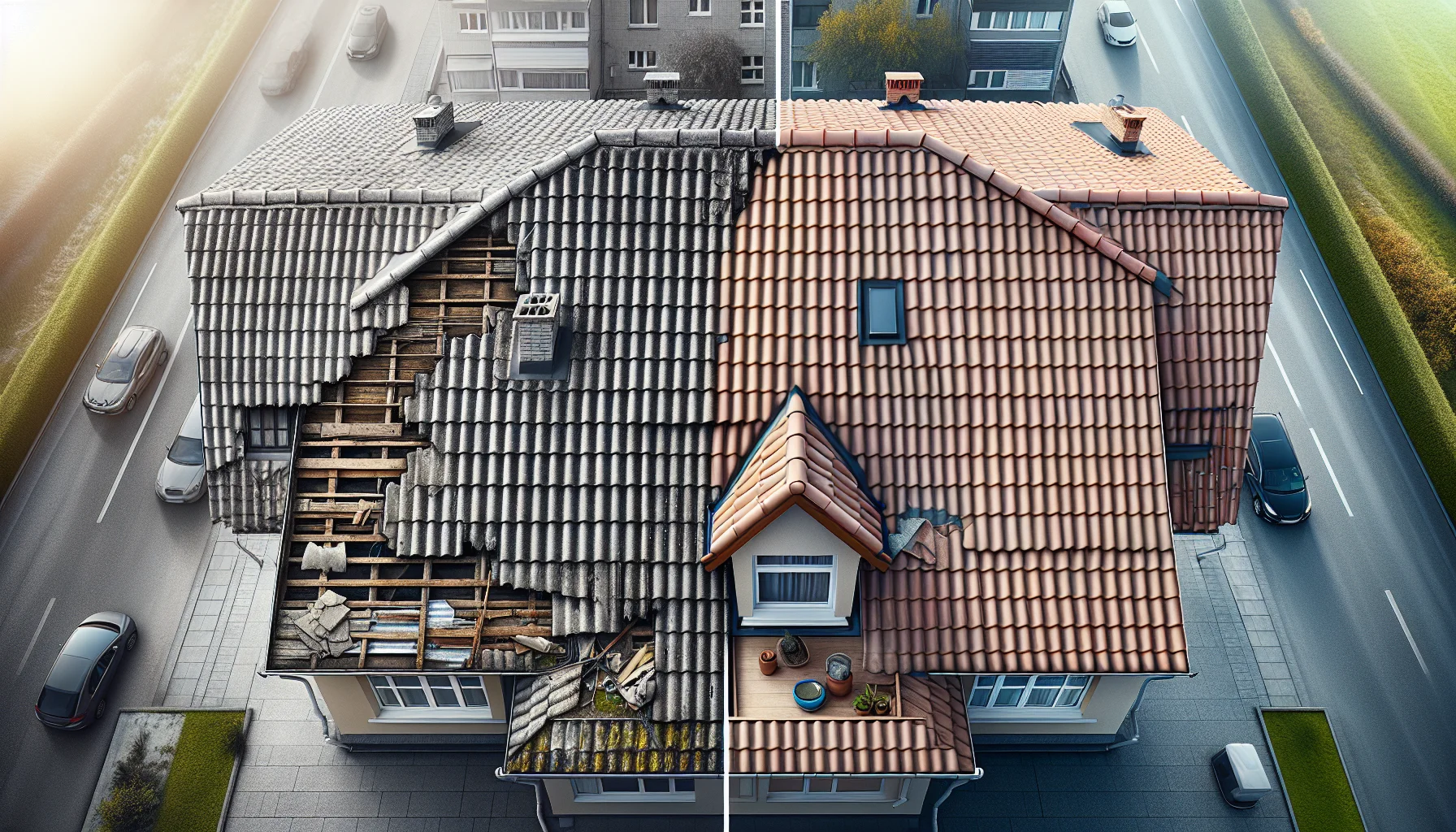 Vorher-Nachher Vergleich einer erfolgreichen Dachsanierung