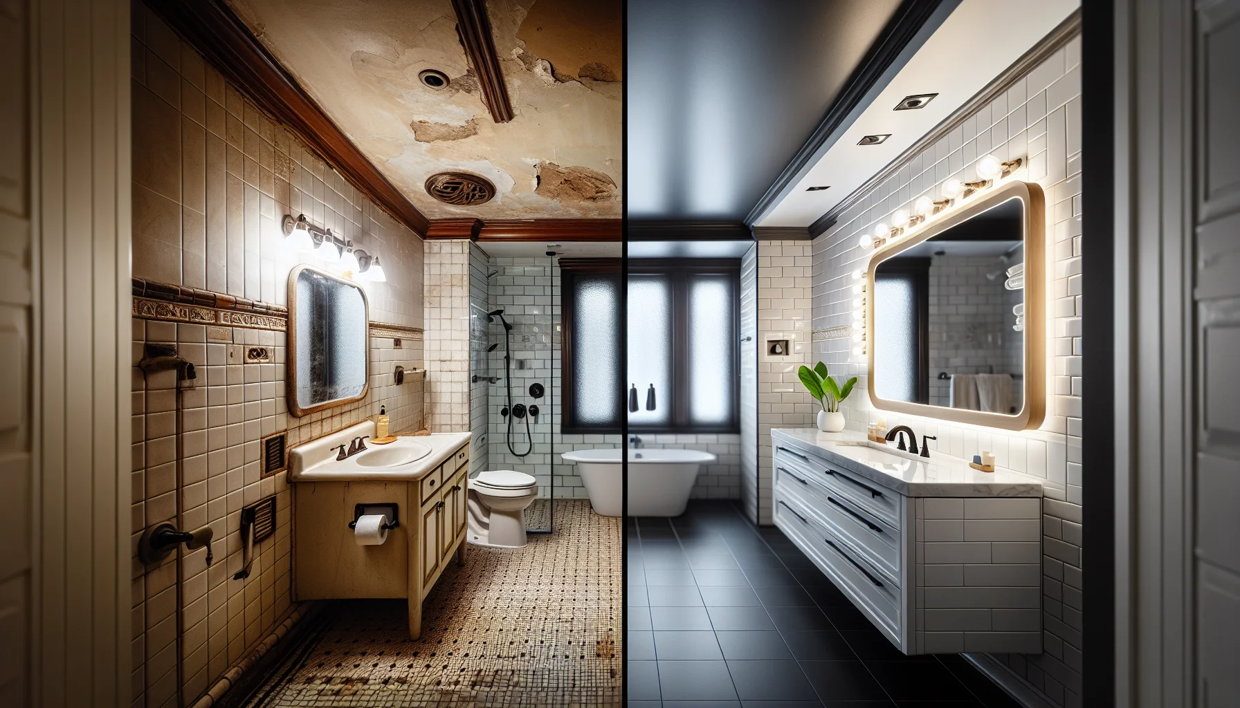 Vorher-Nachher Vergleich einer kompletten Badrenovierung mit modernen Elementen