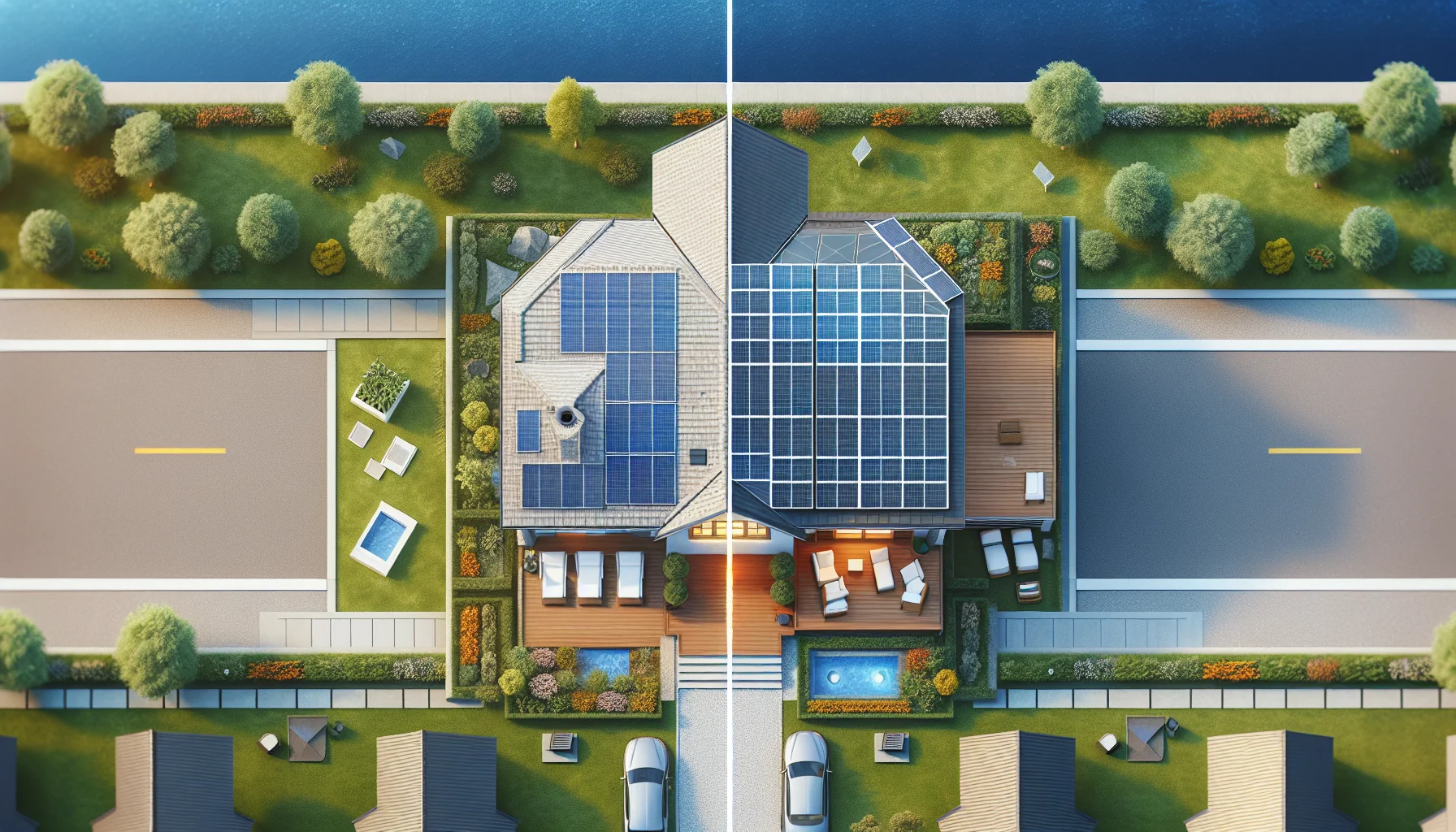 Vorher-Nachher Vergleich: Haus ohne und mit Photovoltaikanlage aus der Vogelperspektive