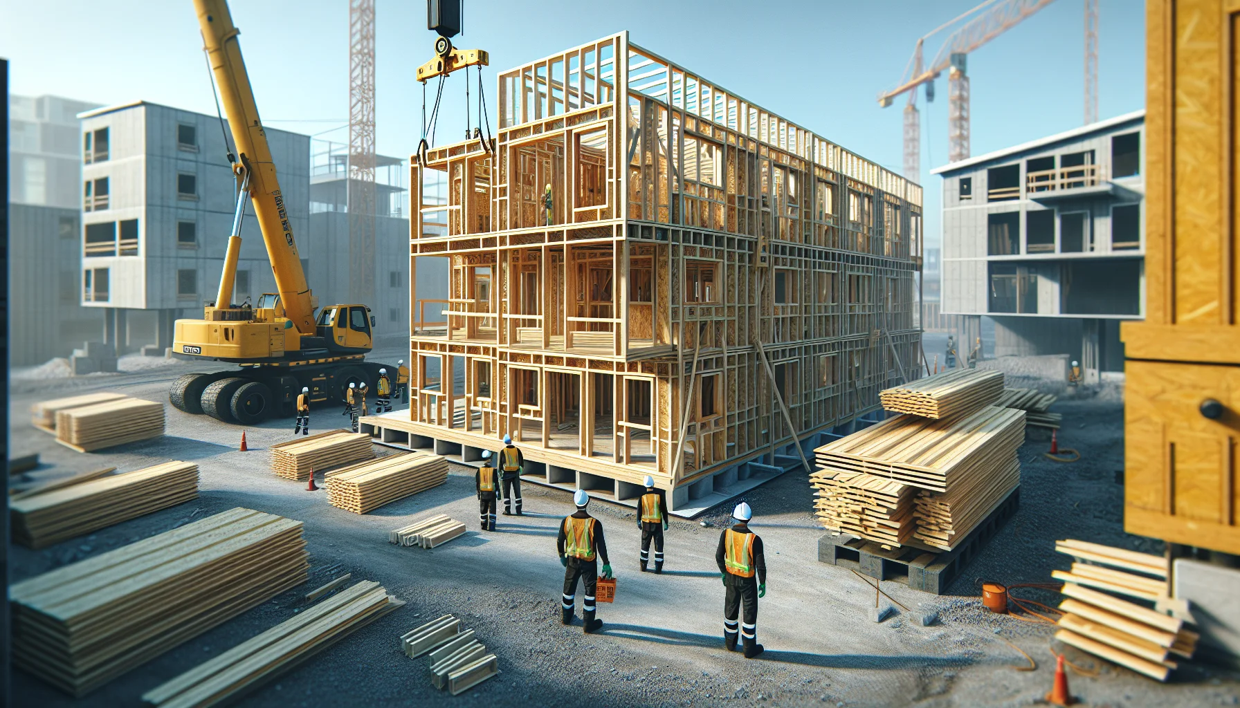 Aufbau eines Fertighauses mit Kran und vorgefertigten Modulen