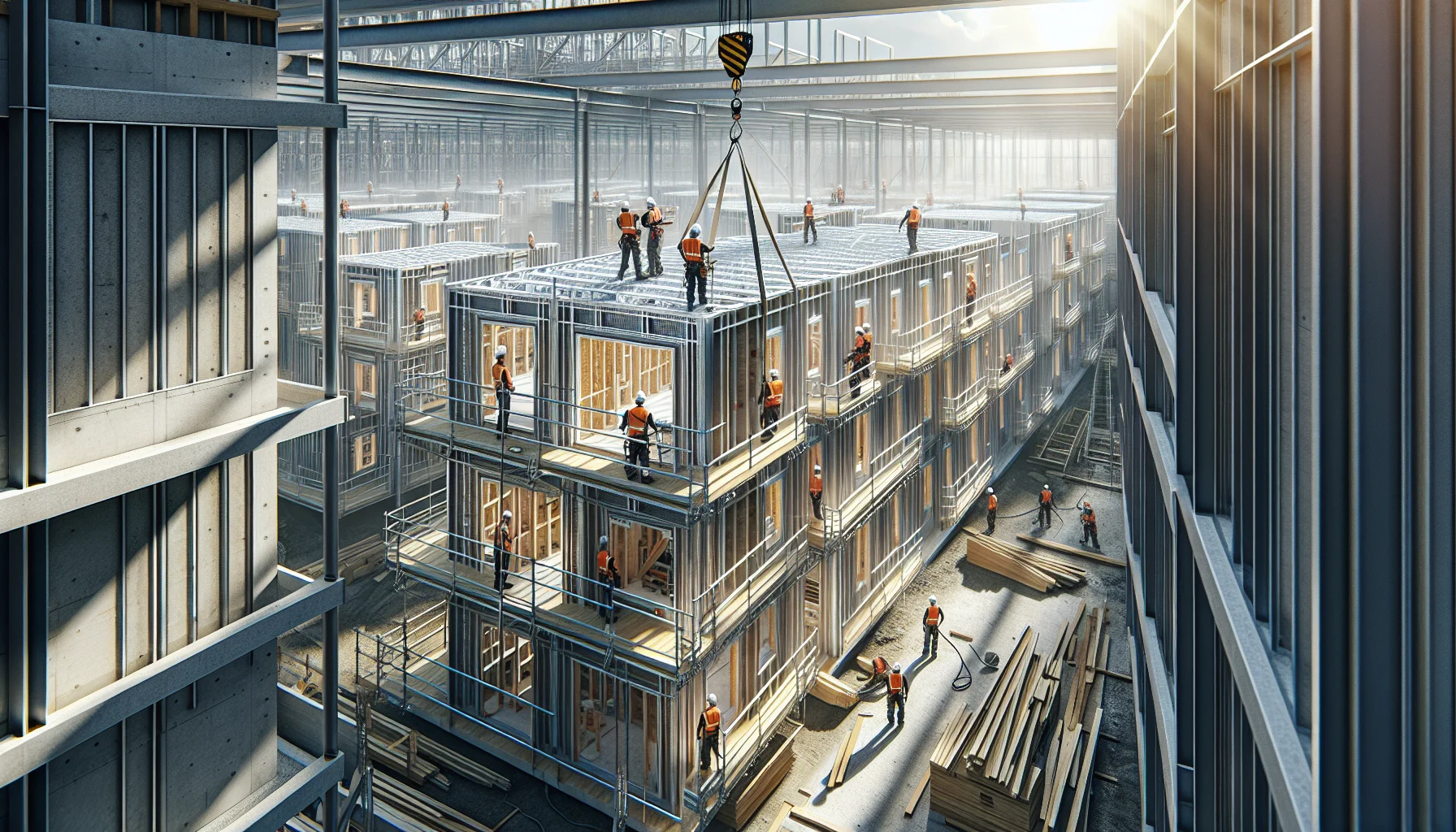 Aufbau von Fertighaus-Modulen auf der Baustelle mit Kran