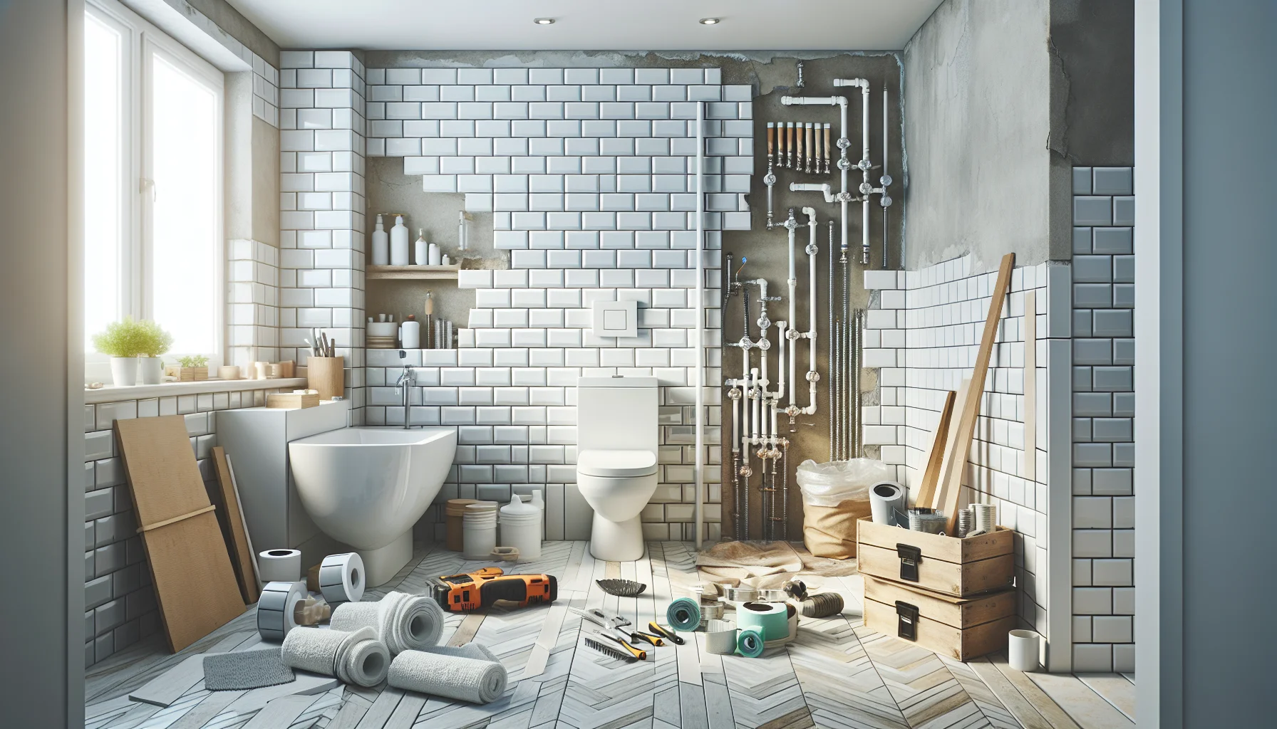 Badezimmer Sanierung in Arbeit mit modernen Fliesen und Installationen