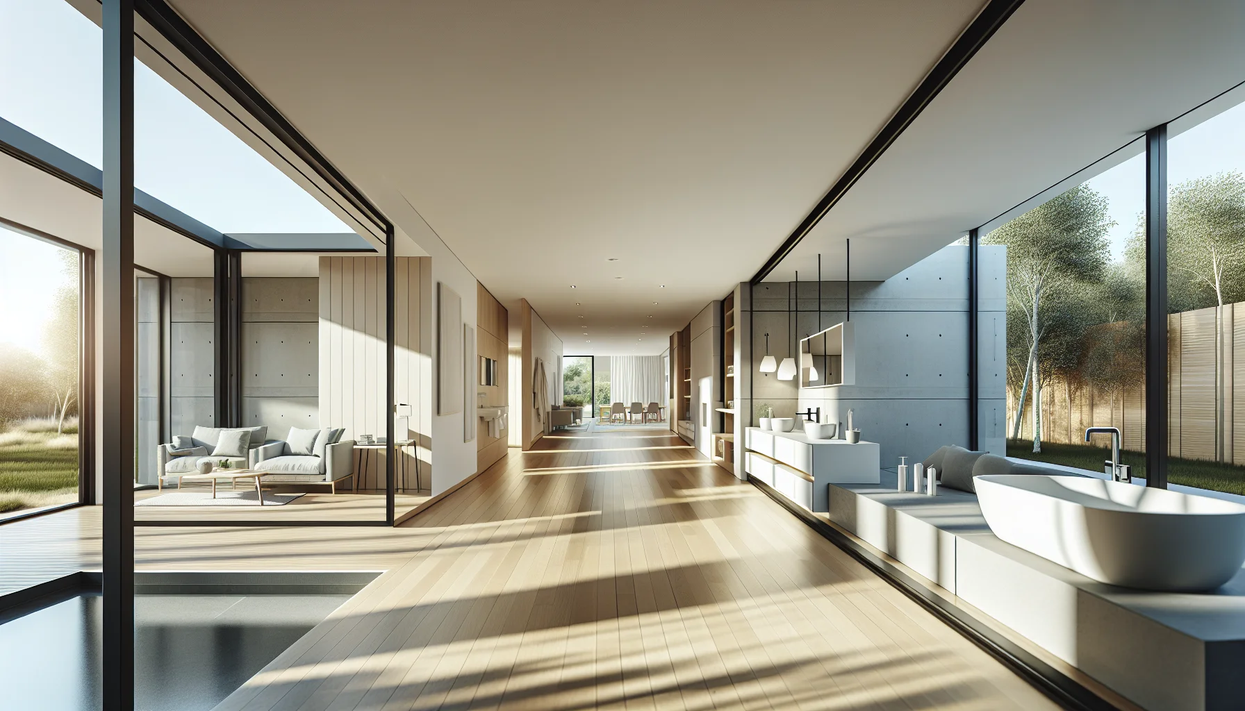 Barrierefreier Innenraum eines Bungalow Fertighauses mit offener Raumaufteilung