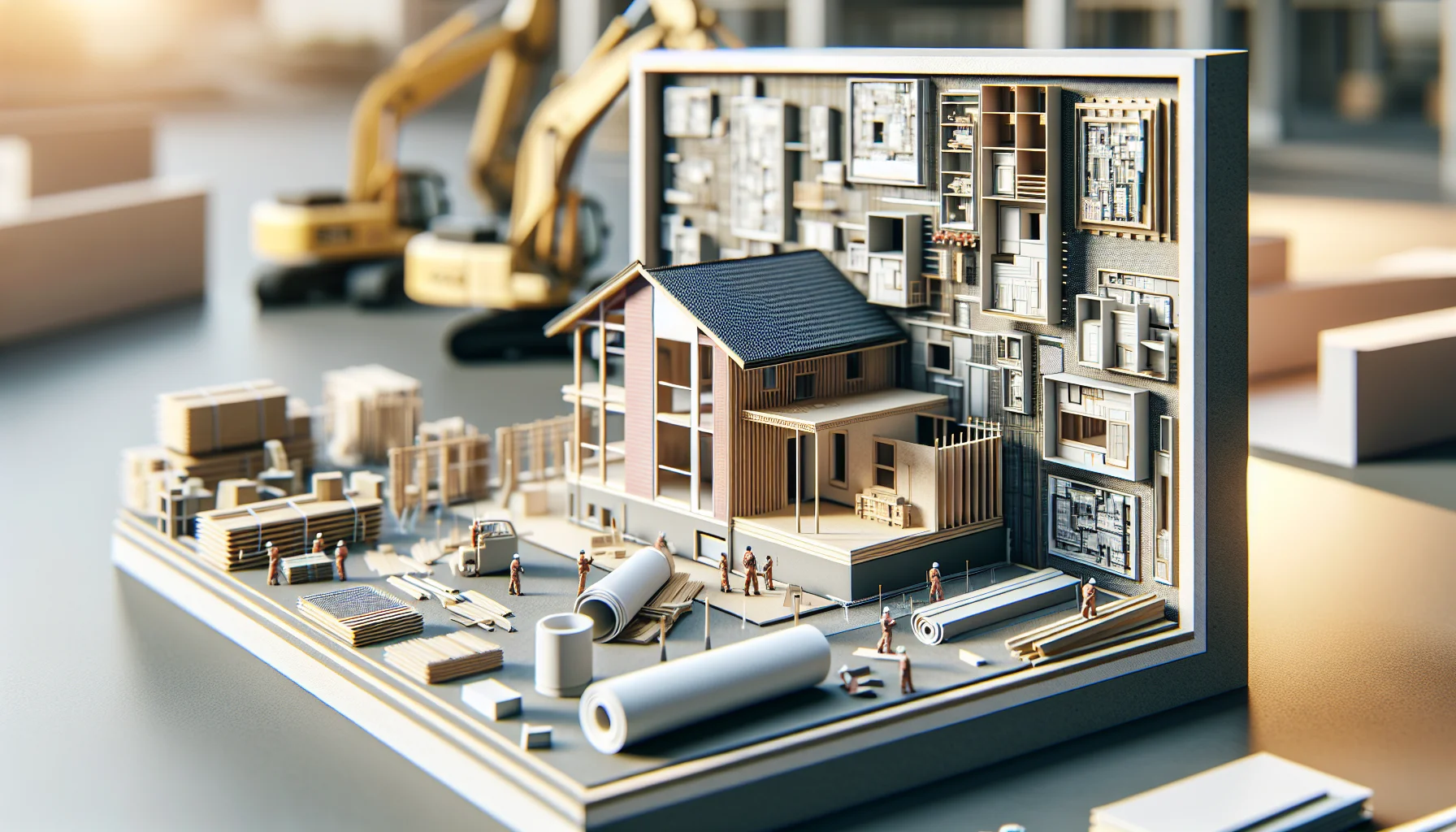 Baustelle mit Fertighaus-Wandelementen für den Bau eines Bungalows