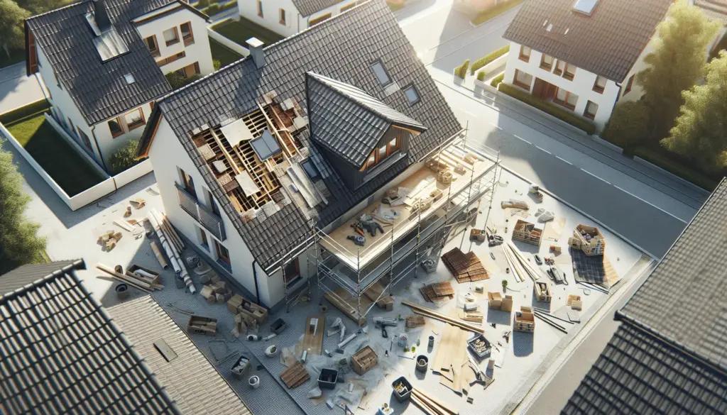 Dachsanierung eines Einfamilienhauses mit Gerüst und Baumaterialien