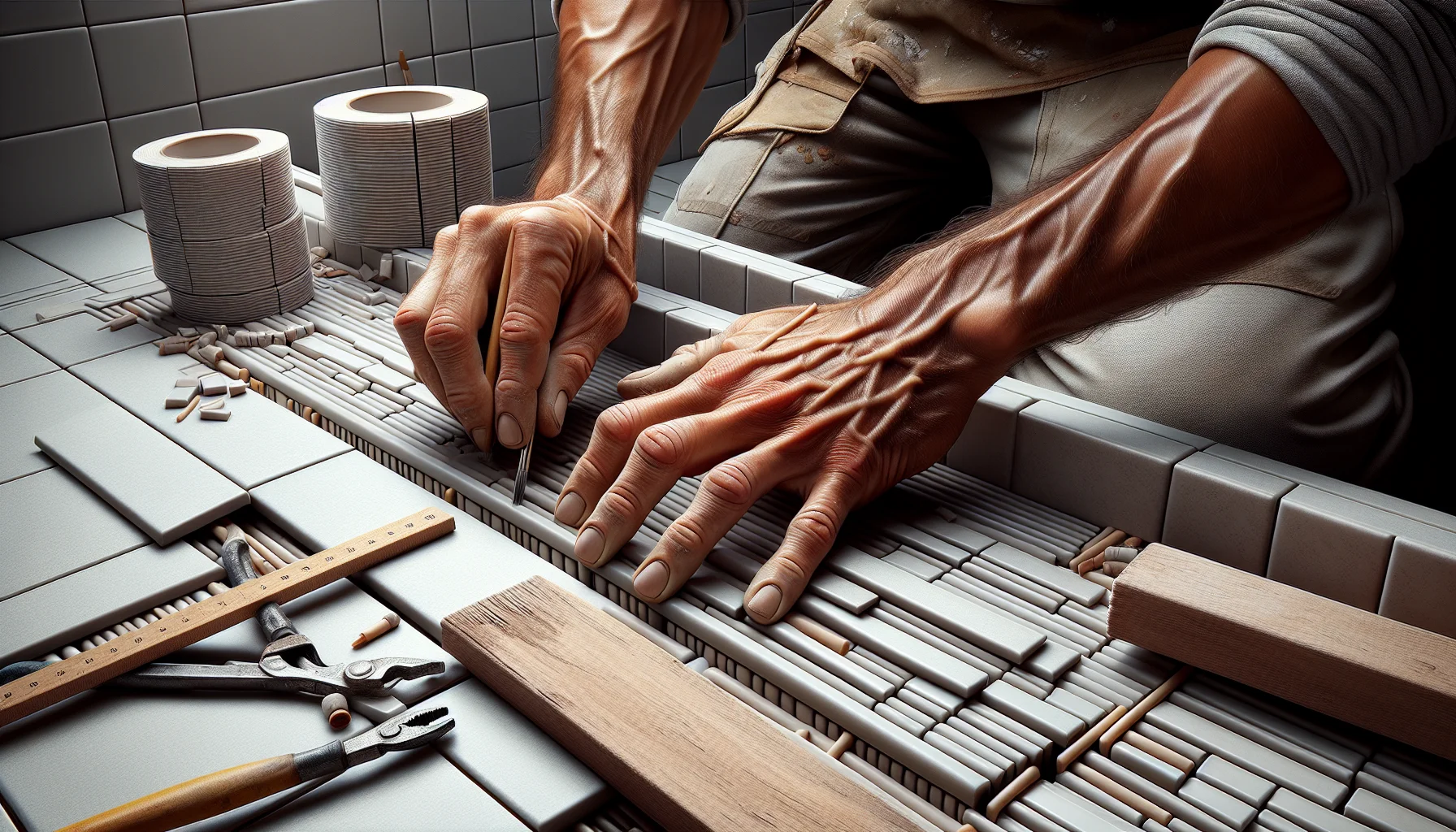 Detailarbeit bei Badsanierung Karlsruhe - Präzise Fliesenverlegung