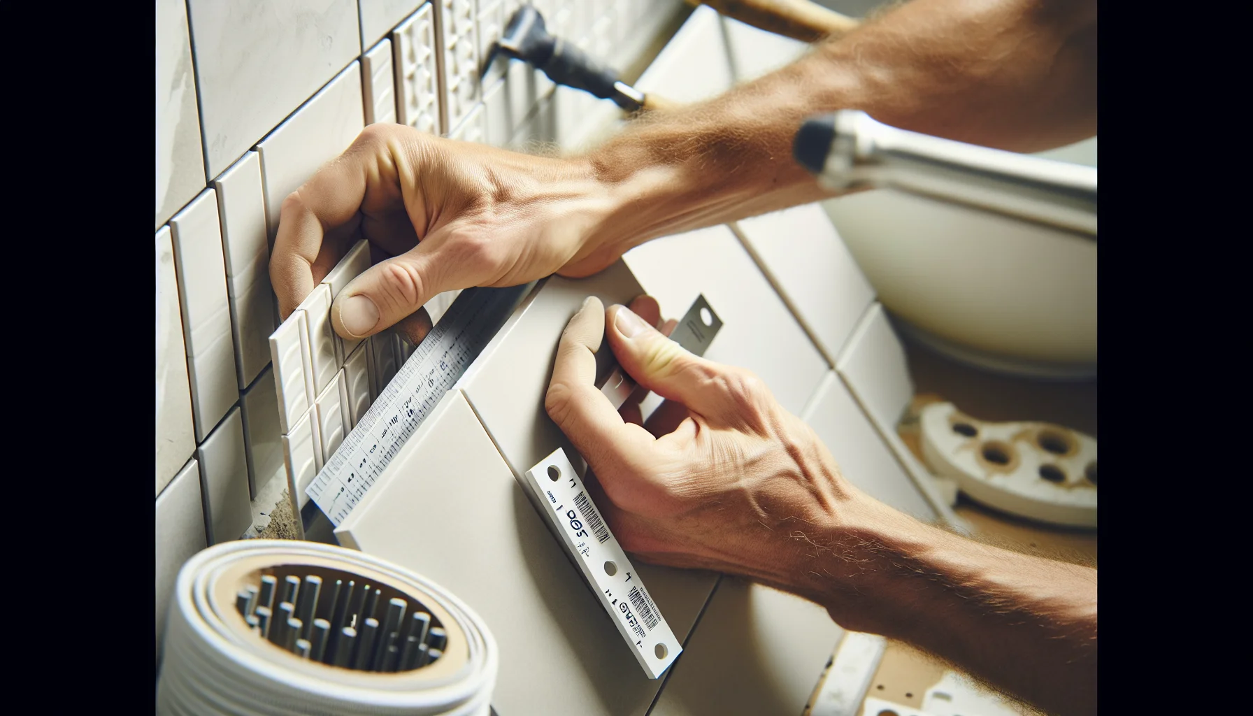 Detailaufnahme der fachgerechten Fliesenverlegung im Badezimmer