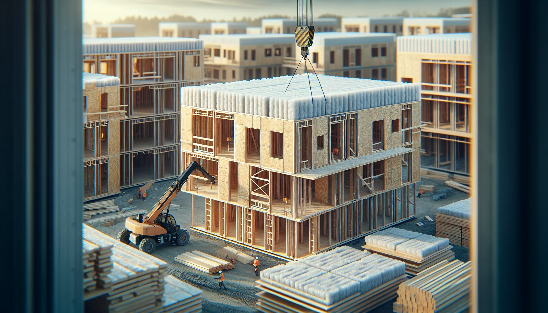 Detailaufnahme der Fertighaus-Wandelemente beim Montageprozess