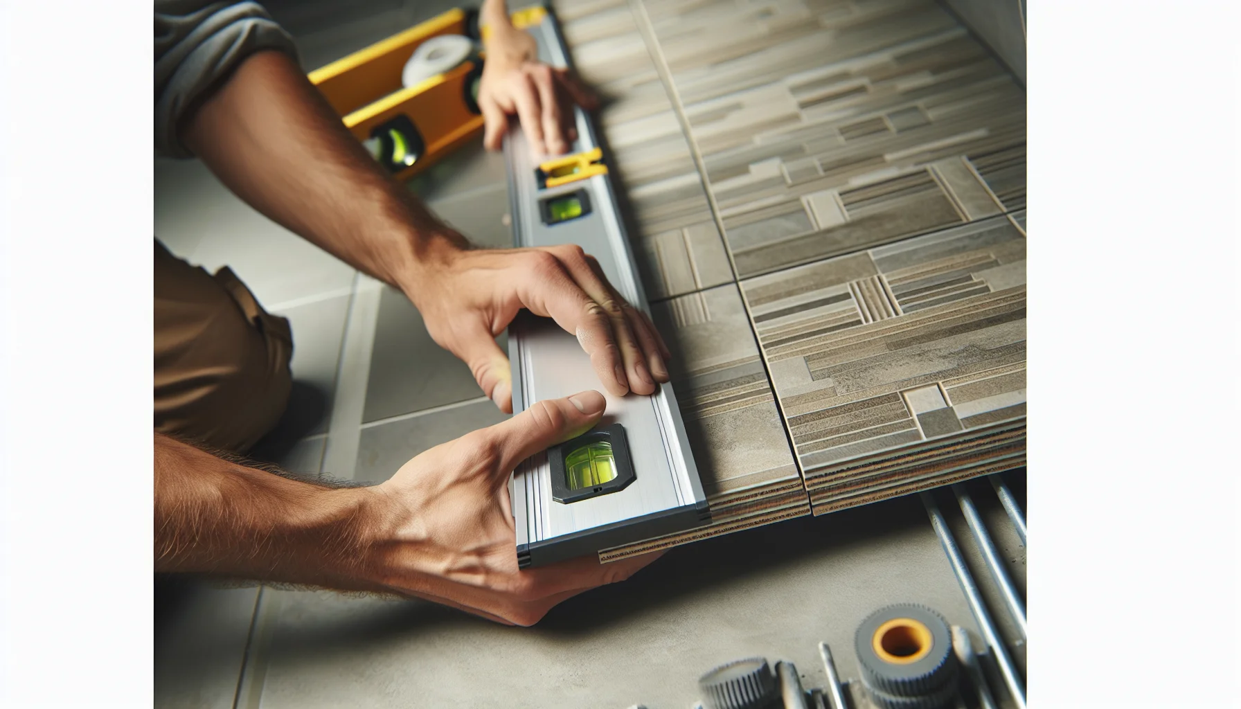 Detailaufnahme der professionellen Fliesenverlegung bei Badsanierung