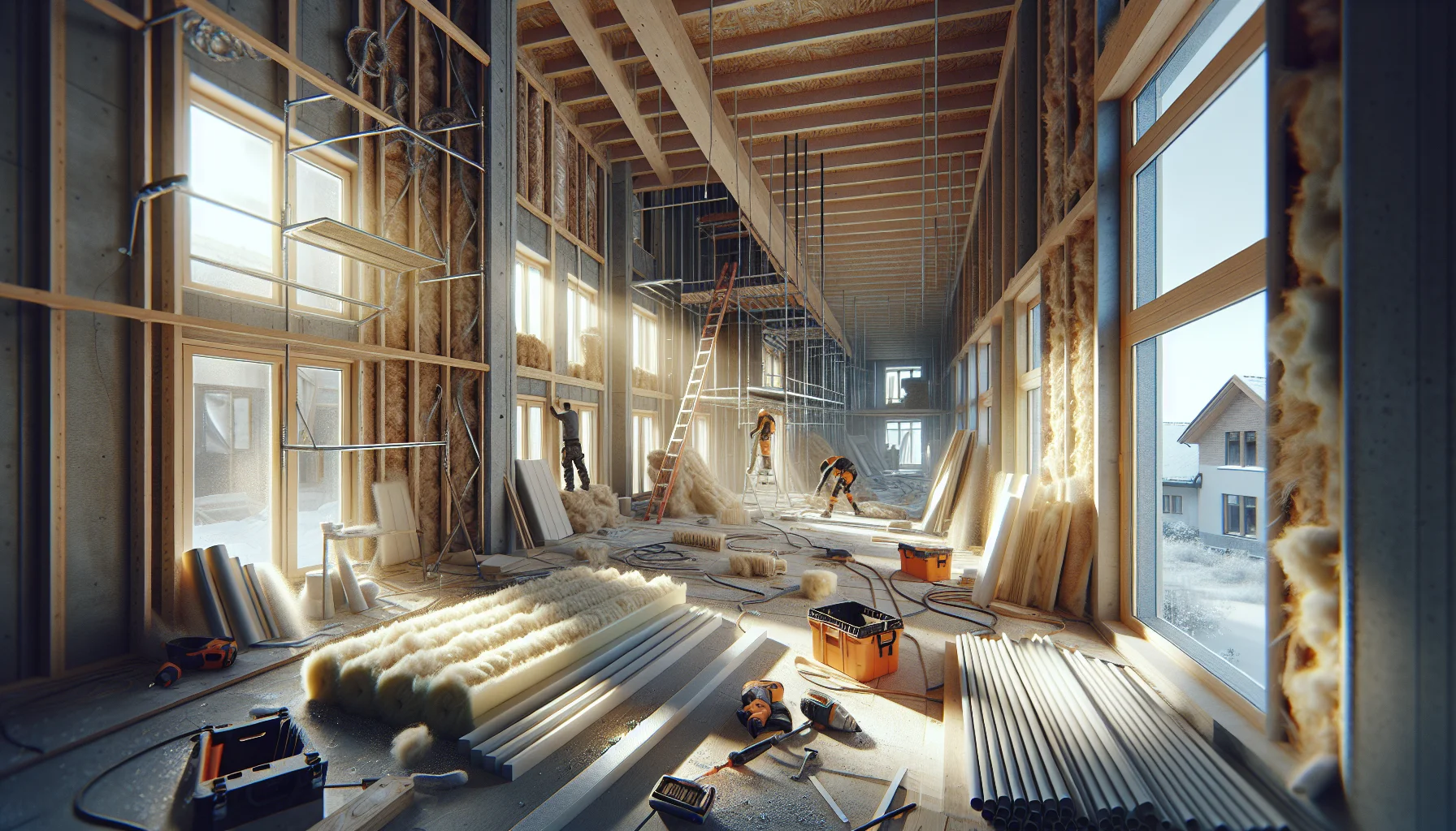 Detailaufnahme von Dämmarbeiten und modernen Baumaterialien bei Sanierung