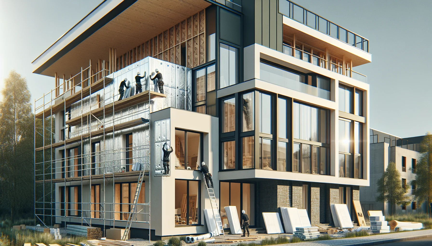 Fassadendämmung WDVS Installation an Wohnhaus mit Gerüst