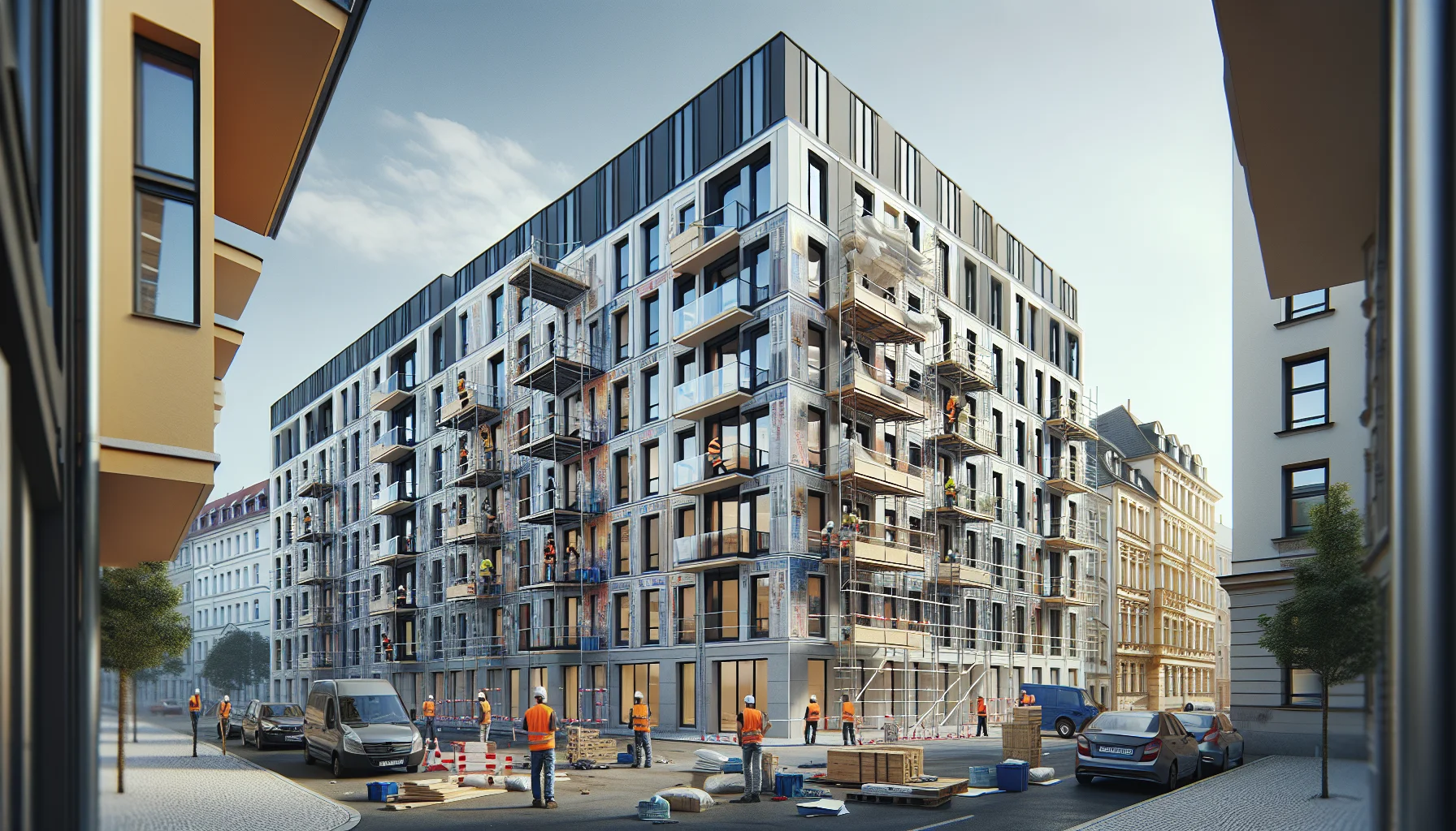 Fassadensanierung an einem Wohngebäude in Karlsruhe mit Gerüst und Arbeitern