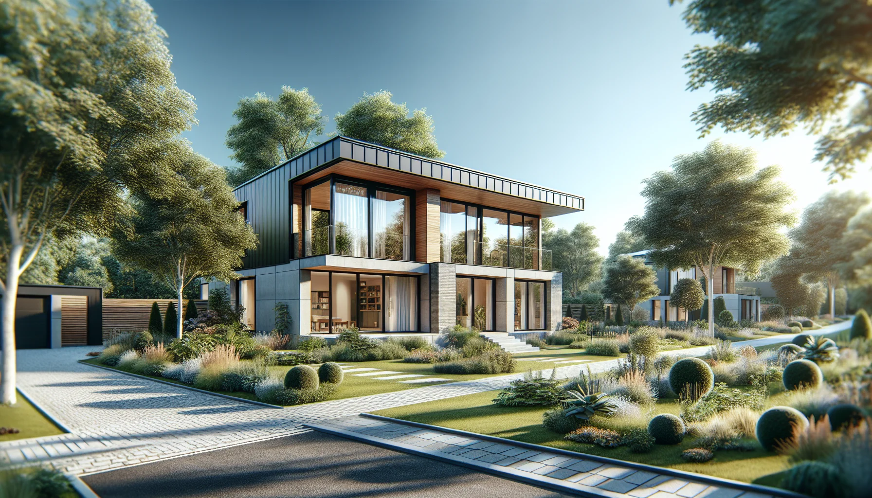 Fertig gestelltes modernes Fertighaus mit Garten in Heidelberg