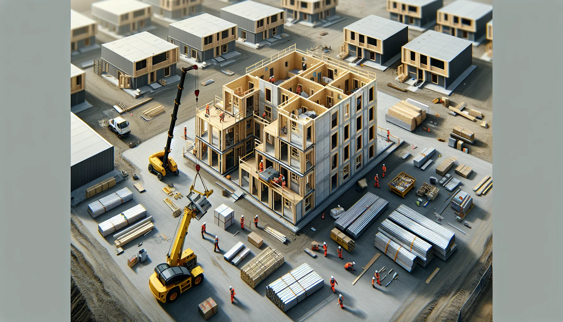 Fertigbau-Montage eines Doppelhauses mit vorgefertigten Wandelementen