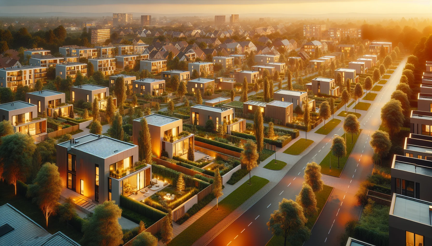 Fertiggestellte moderne Wohnsiedlung in Karlsruhe mit Einfamilienhäusern und grünen Gärten