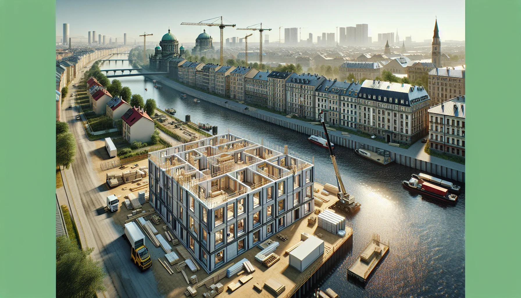 Fertighaus Baustelle in Mainz mit Rhein und Stadtpanorama im Hintergrund