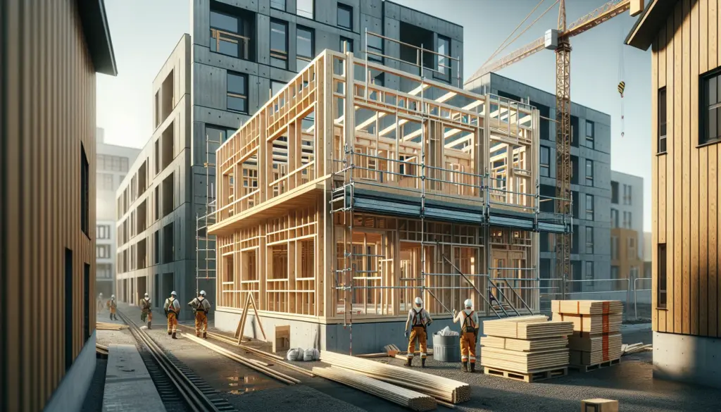 Fertighaus Baustelle mit Holzrahmen-Konstruktion und Baukran