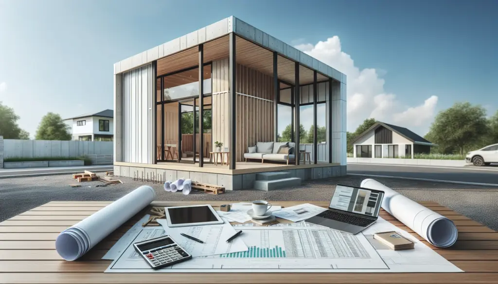 Fertighaus Finanzierung und Bauplanung mit Dokumenten und Taschenrechner