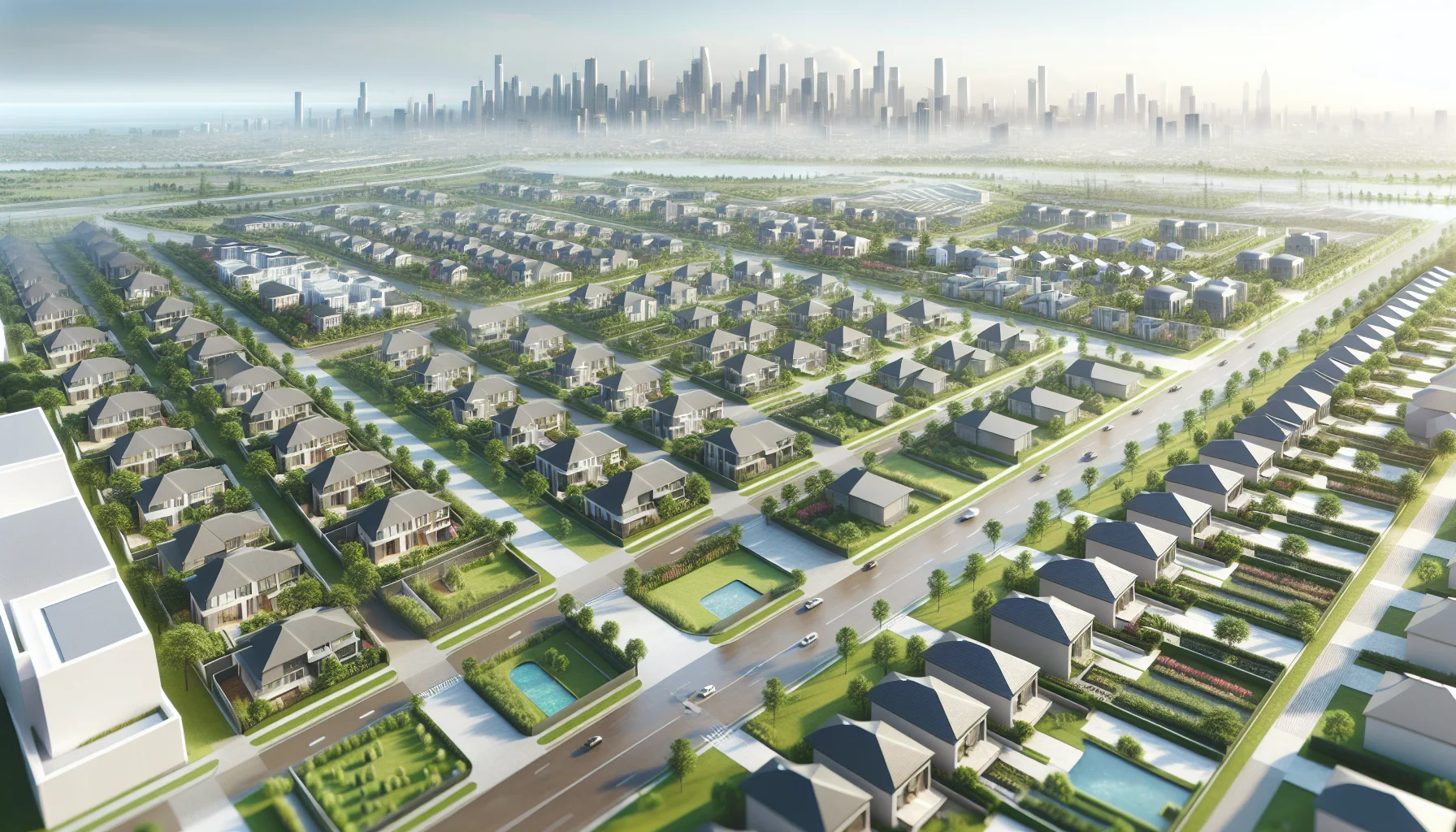 Fertighaus-Siedlung in Frankfurt mit Blick auf die Skyline