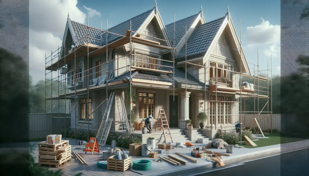 Haus wird saniert mit Gerüst und neuen Fenstern