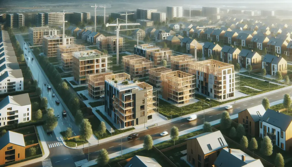 Hausbau Karlsruhe - Luftaufnahme von Neubaugebiet mit modernen Einfamilienhäusern im Bau