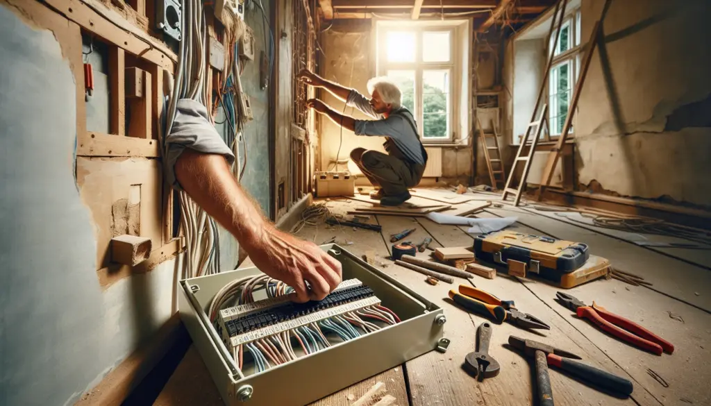 Hauselektrik wird erneuert - Elektriker arbeitet an veralteter Elektroinstallation
