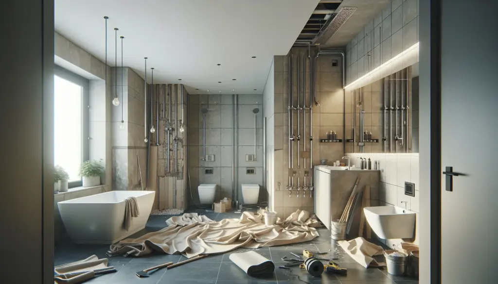 Komplette Badsanierung in Arbeit mit freiliegenden Rohren und teilweise verlegten Fliesen