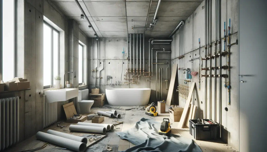 Komplette Badsanierung in Arbeit mit sichtbaren Rohrleitungen und Elektroinstallation