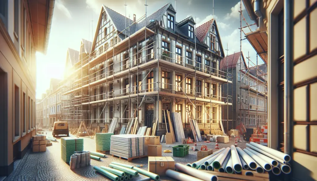 Komplettsanierung eines Altbaus mit Gerüst und Dämmmaterialien