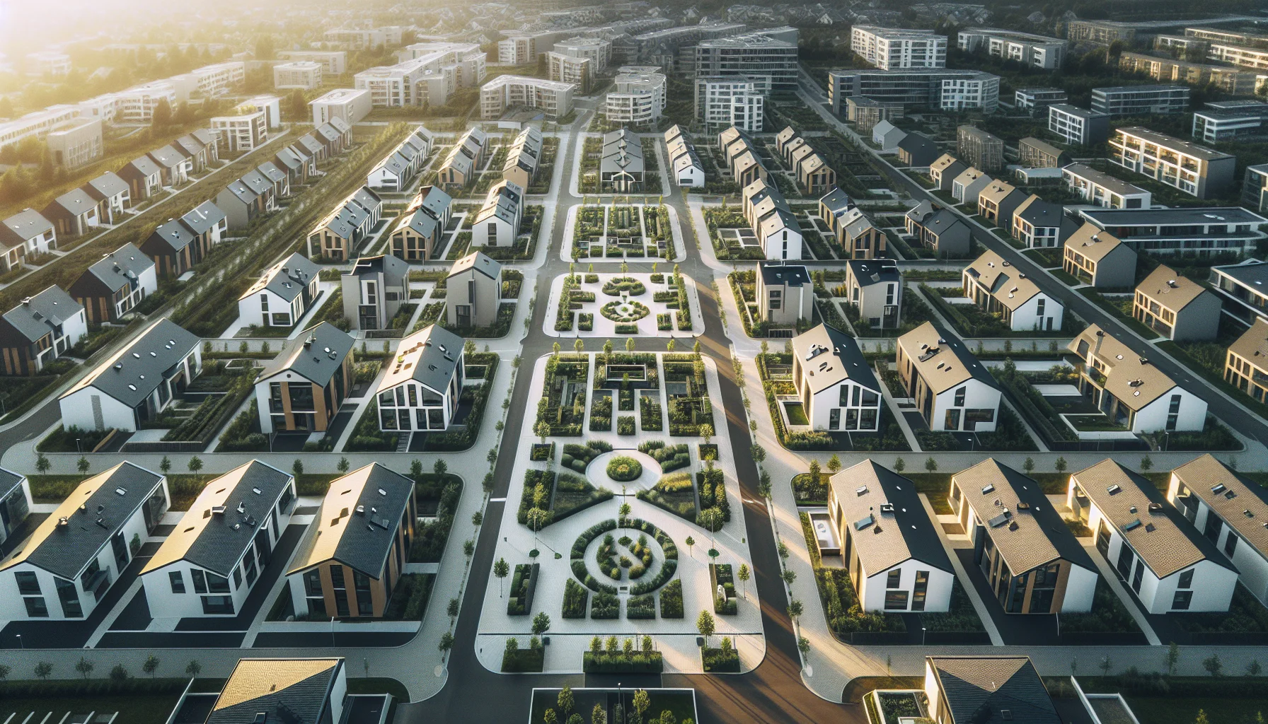 Luftaufnahme einer Fertighaus-Siedlung in Karlsruhe mit mehreren modernen Häusern