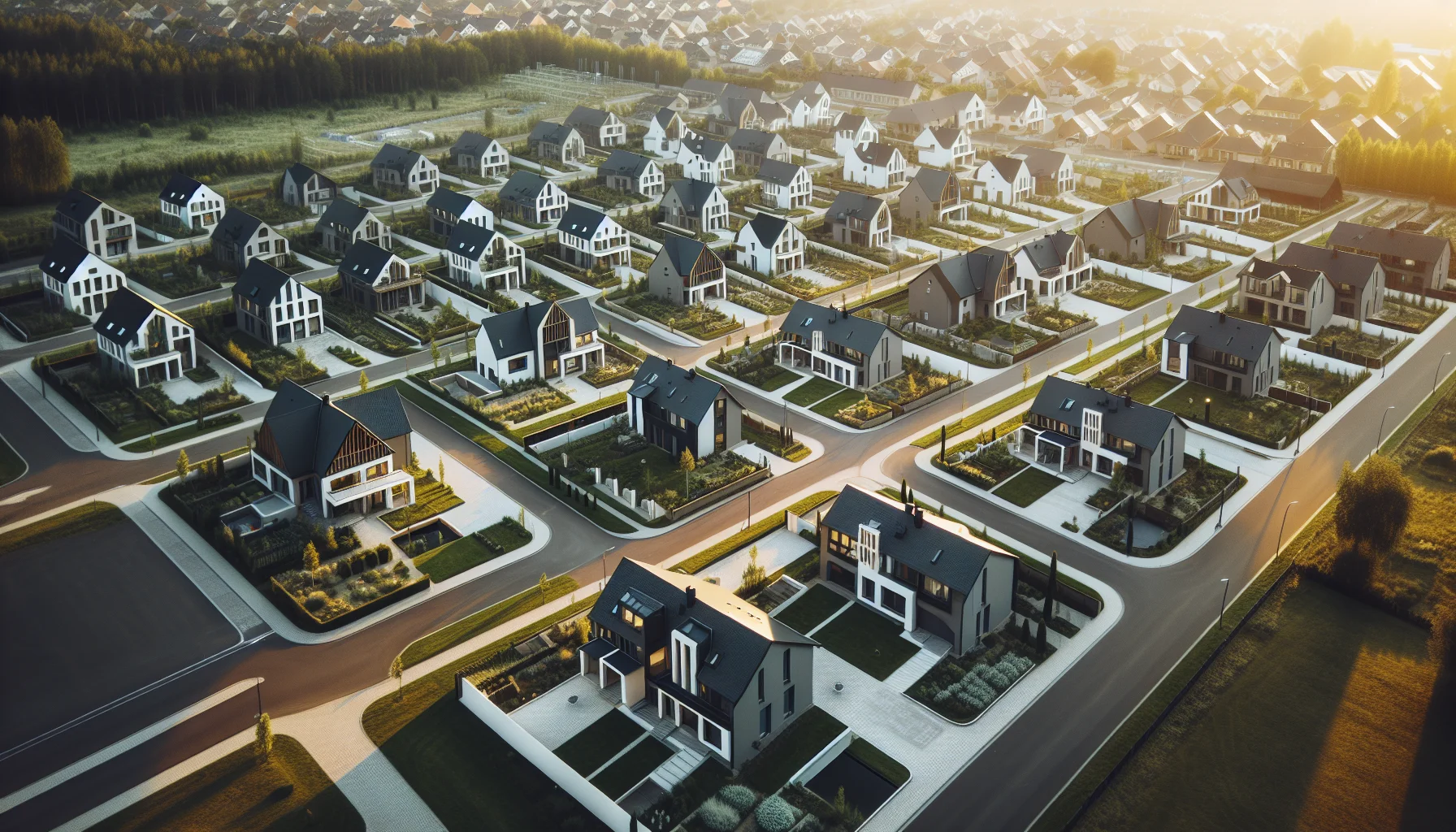Luftaufnahme einer modernen Stadtvilla-Siedlung mit mehreren Fertighäusern
