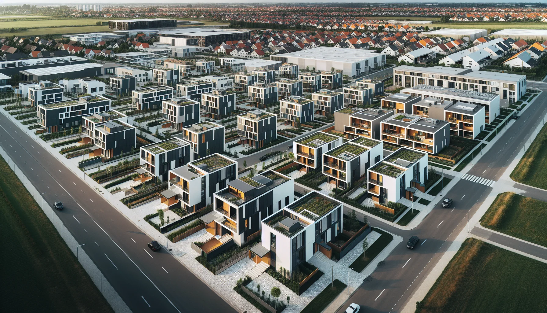 Luftaufnahme einer Wohnsiedlung mit mehreren Doppelhaus Fertighäusern