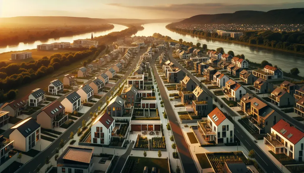 Luftaufnahme eines modernen Neubaugebiets in Rastatt mit schlüsselfertigen Häusern