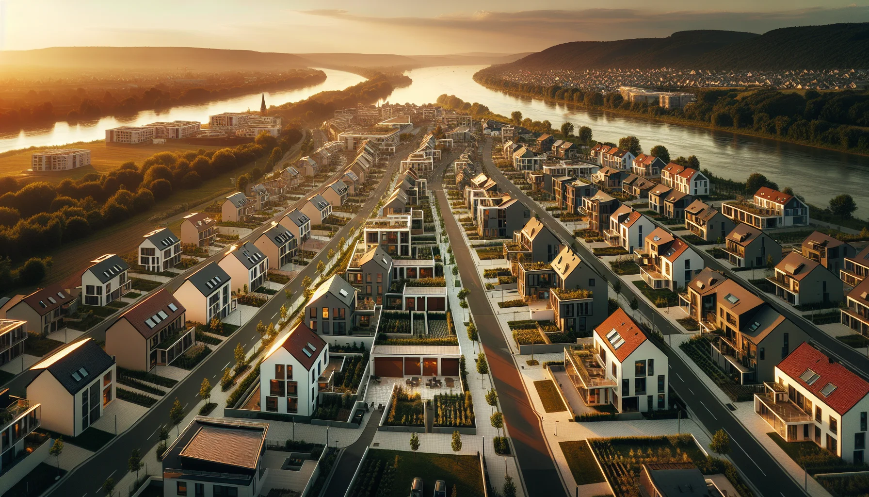 Luftaufnahme eines modernen Neubaugebiets in Rastatt mit schlüsselfertigen Häusern