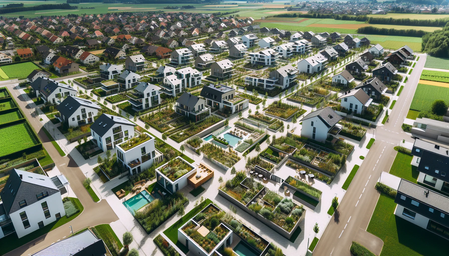 Luftaufnahme eines Neubaugebiets in Offenburg mit Fertighäusern