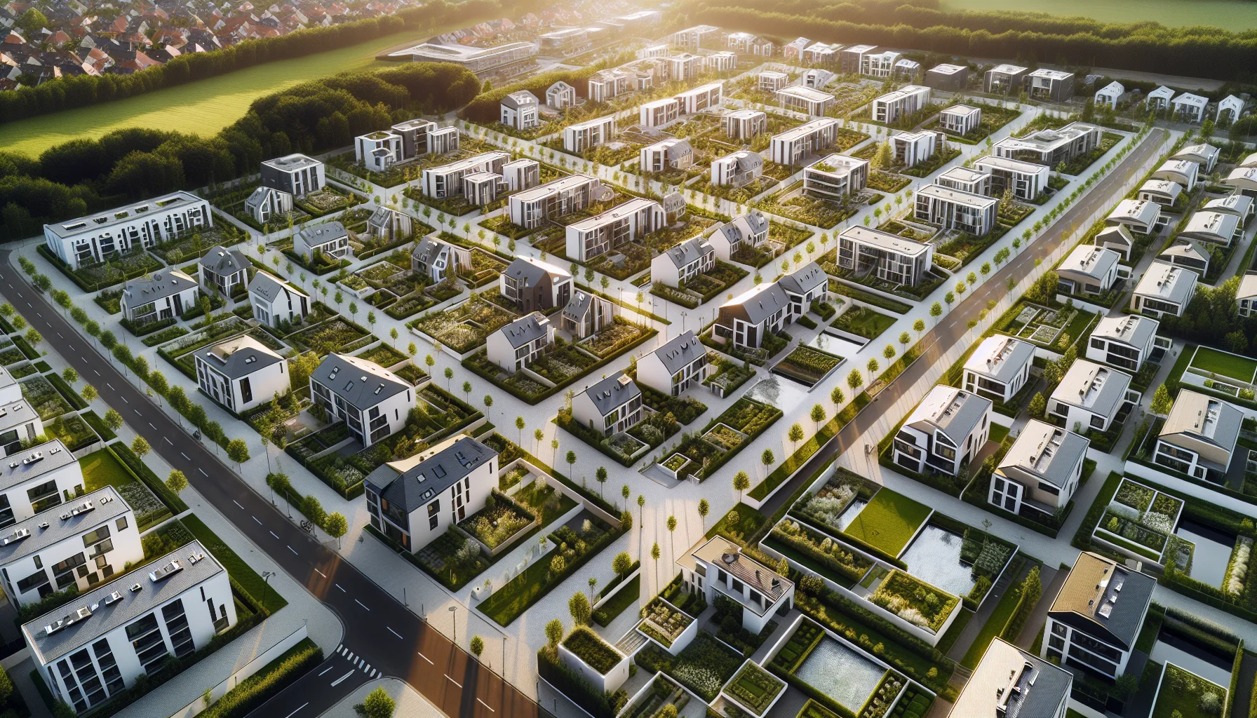Luftaufnahme eines neuen Baugebiets in Wiesbaden mit modernen Fertighäusern