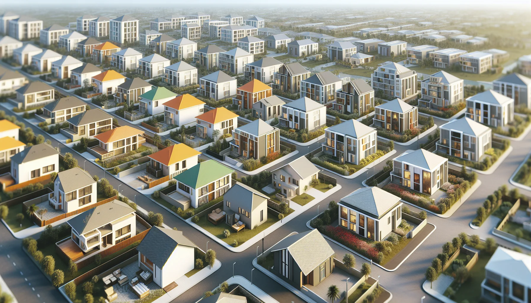 Luftaufnahme verschiedener schlüsselfertiger Fertighäuser in Wohnsiedlung