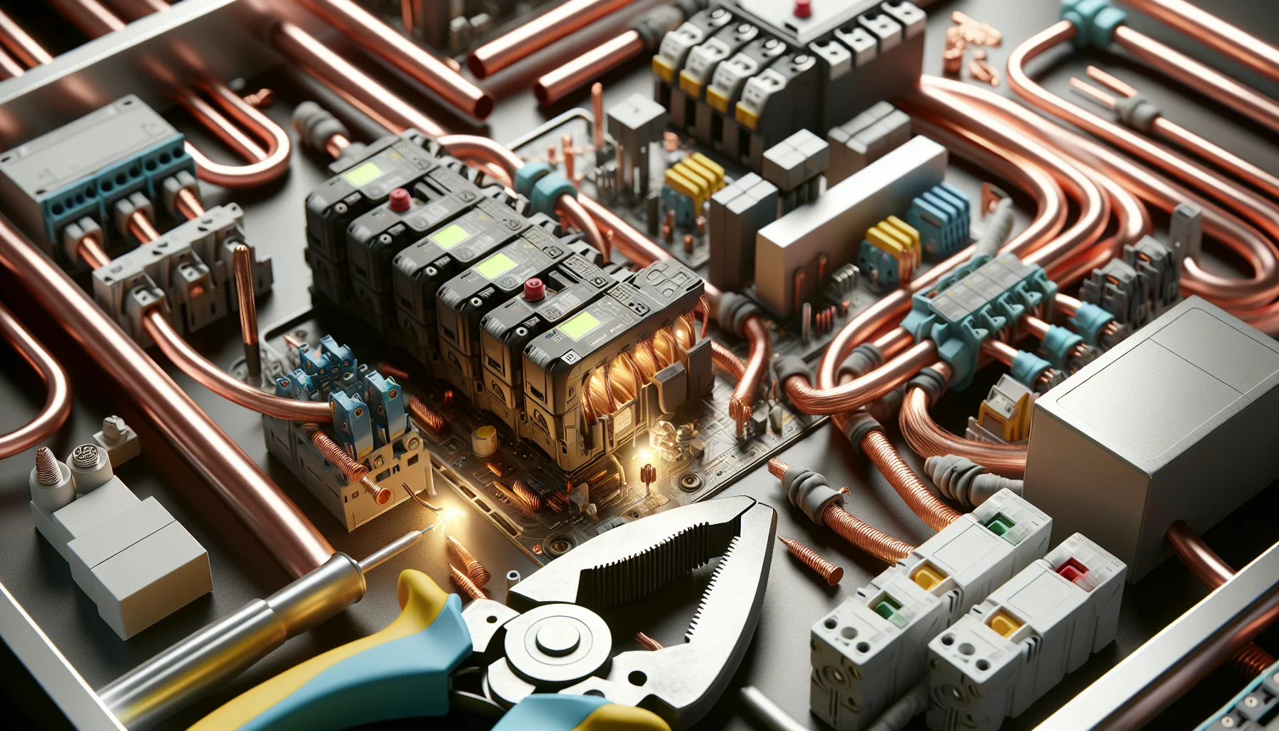 Moderne Elektroinstallation mit neuen Kabeln und Sicherungen