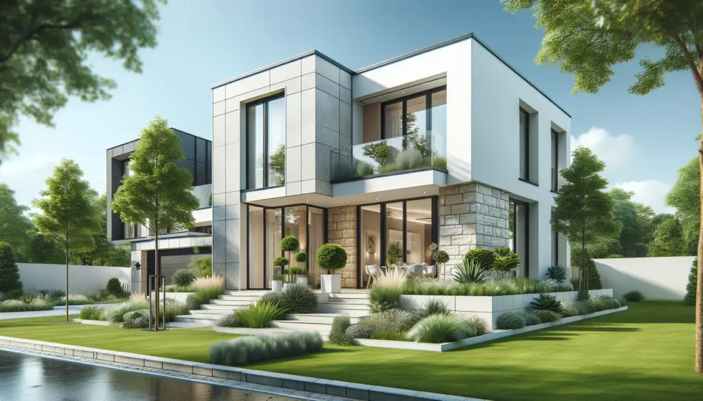 Moderne Stadtvilla Fertighaus mit eleganter Fassade und großen Fenstern